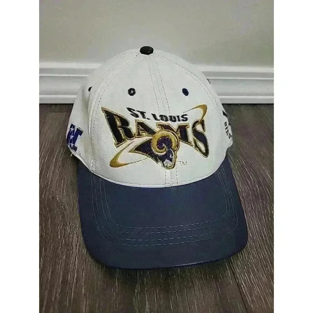 100% Leather St. Louis Rams NFL‎ Baseball Cap Logo Athletic White Navy Hat Vtg